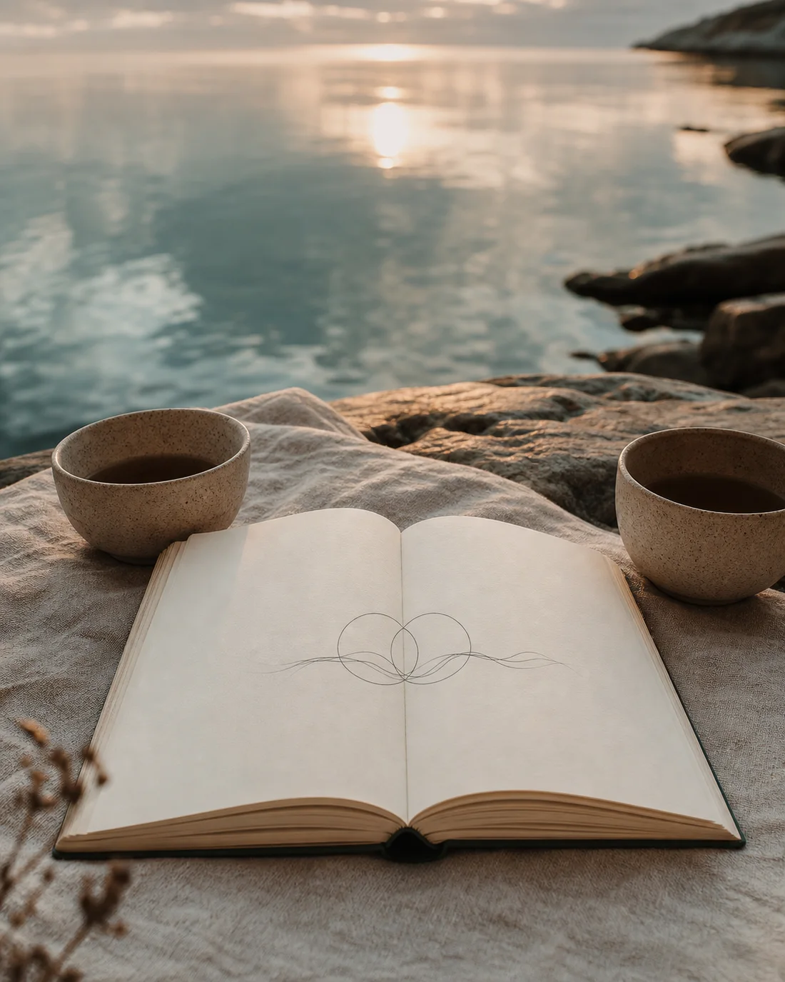 An open journal and two ceramic cups beside quiet water at sunrise.
